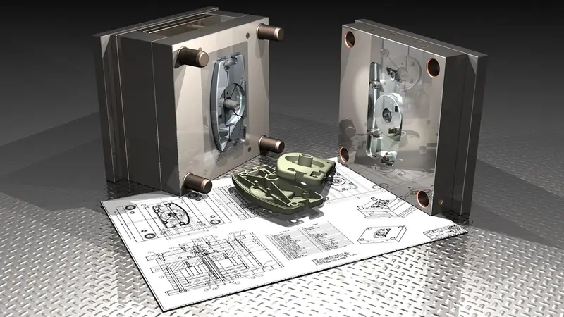 Injection mould halves with green plastic parts and engineering drawing